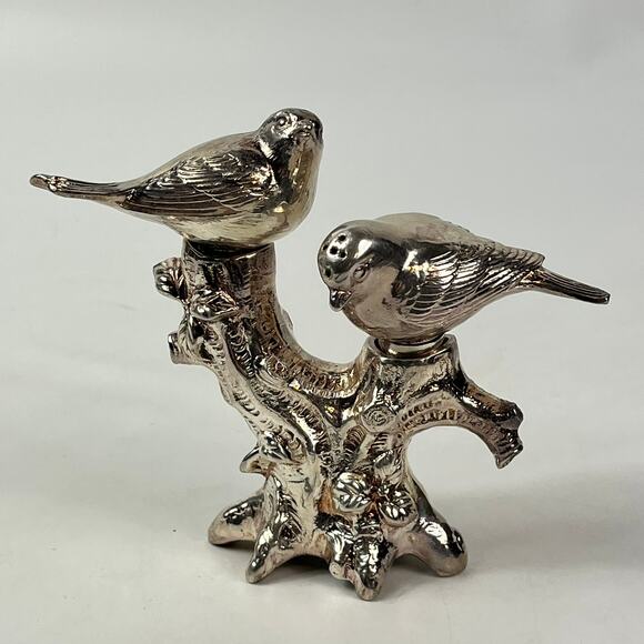 Silver Metal Bird Salt Pepper Shakers On Tree Stand Removable Vintage 911X-5 - Picture 1 of 12
